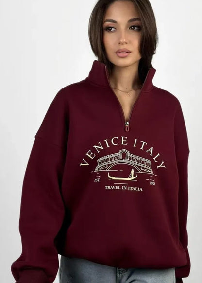 Quarter Zip Sweatshirt In Cozy Burgundy Fabric