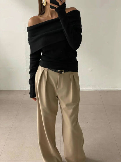 Off-The-Shoulder Knit Sweater Elegant Fitted Design