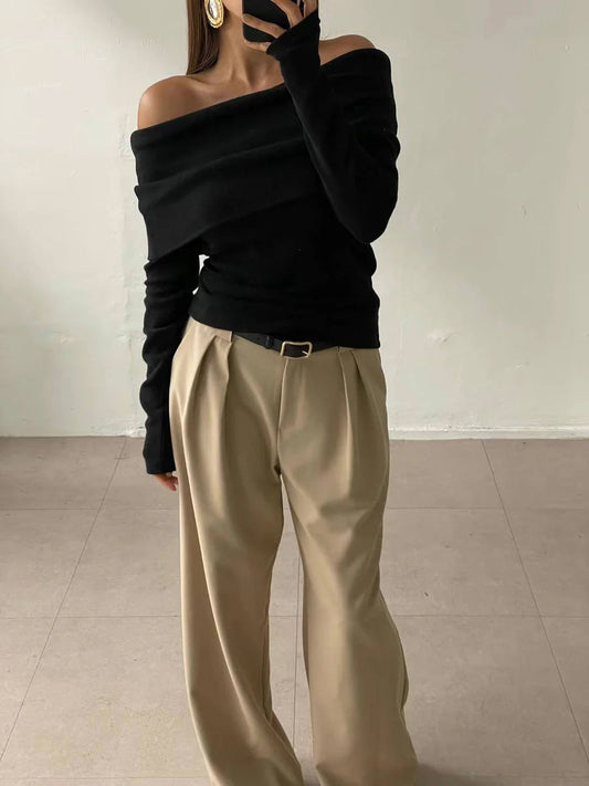 Off-The-Shoulder Knit Sweater Elegant Fitted Design