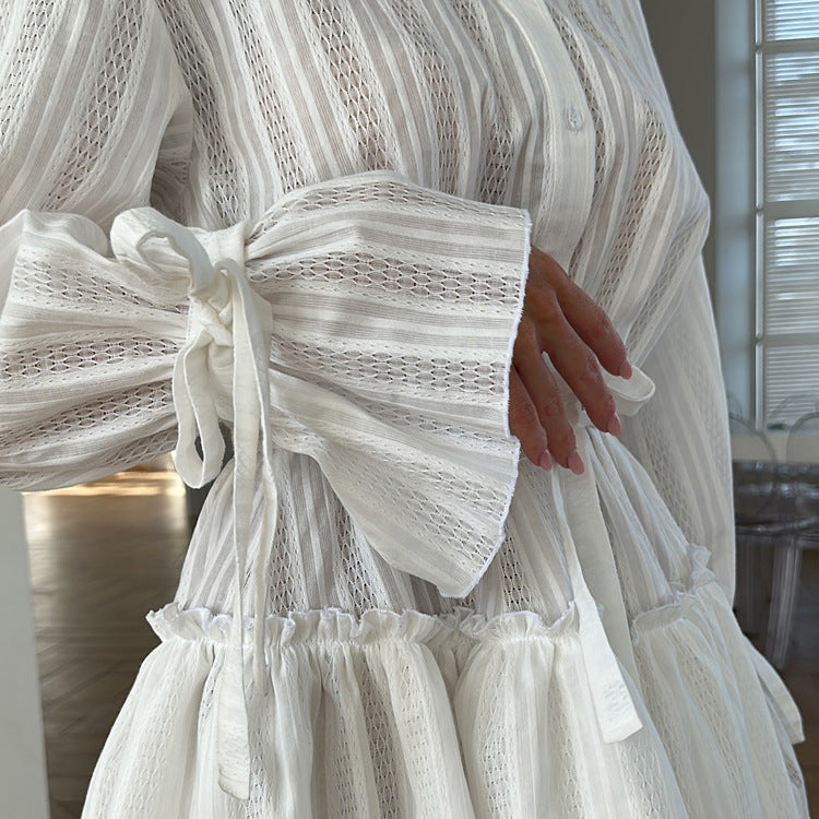 French Collar Ruffled Sleeve Cotton Mini Dress