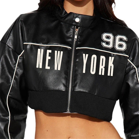 Trendy Zip-Up Faux Leather Jacket With Print For Women