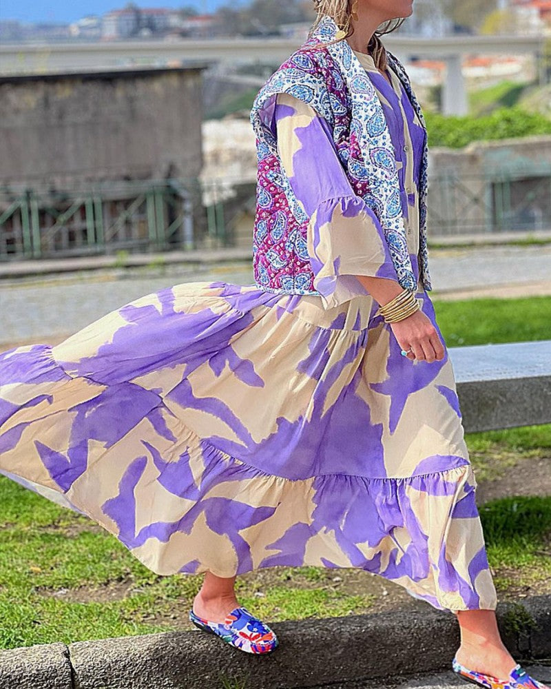 Autumn And Winter New V-Neck Flare Sleeve Large Print Dress Large Swing Loose Long Dress