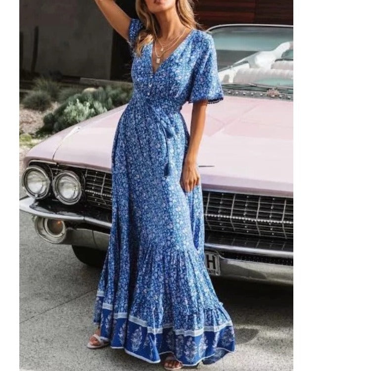 Bohemian Summer High Waist Lace Up V-Neck Loose Large Hem Dress Seaside Long Dress