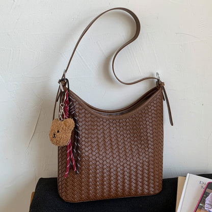 Trendy Woven Texture Bucket Tote Bag Large Capacity Casual Shoulder Bag