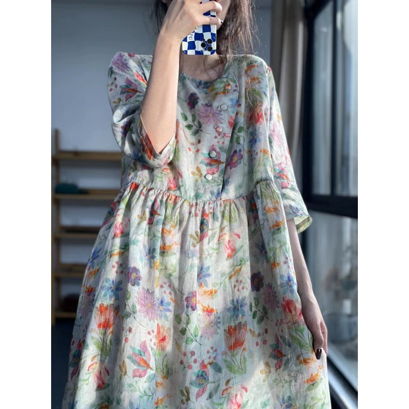 Summer Printing Unique And Unique Skirt Round Neck Forest Cotton Linen Imitation Ramie Fragmented Flower Dress