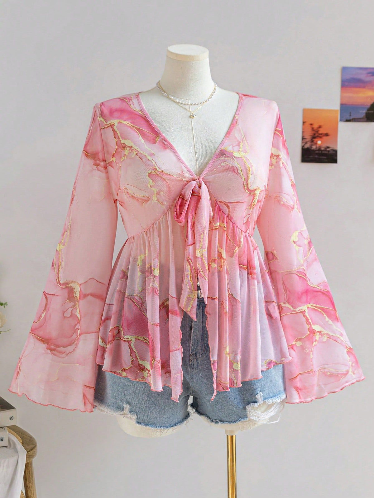 V-Neck Floral Mesh Top with Bell Sleeves