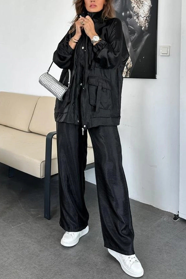 Fashionable Long Sleeve Solid Color Two-Piece Set with Straight-Leg Pants