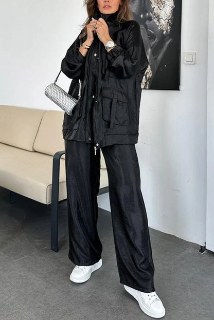 Fashionable Long Sleeve Solid Color Two-Piece Set with Straight-Leg Pants