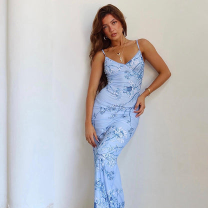Suspender V-Neck Print Sexy Slim Dress Summer Vacation Style Hot Girl Backless Dress Women
