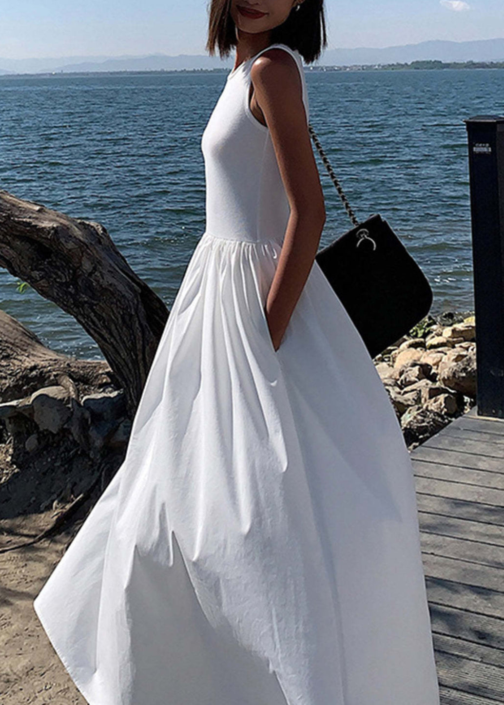 Flowy Maxi Dress White Sleeveless Lightweight Fabric