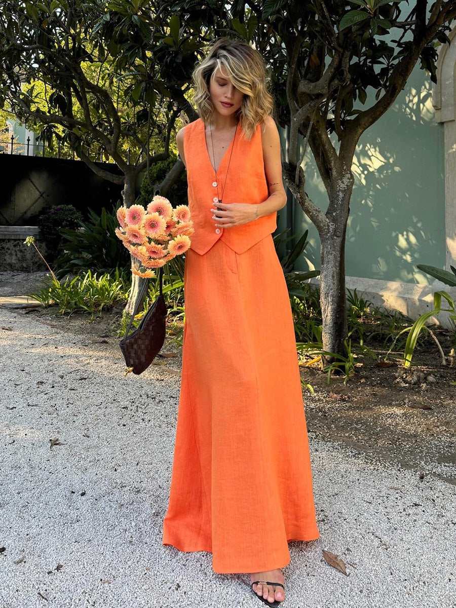 Linen-Cotton Maxi Vest and Skirt Set for Women