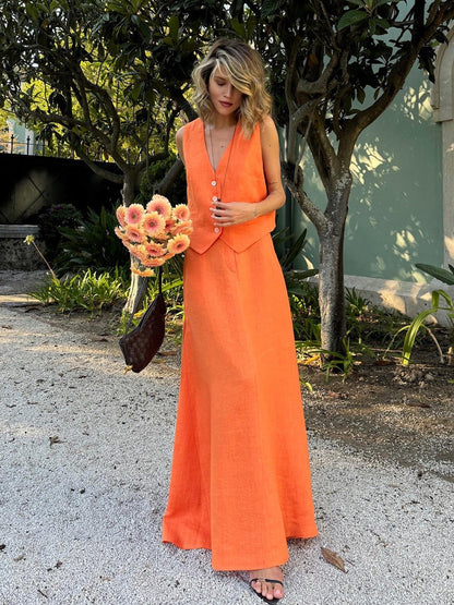 Linen-Cotton Maxi Vest and Skirt Set for Women