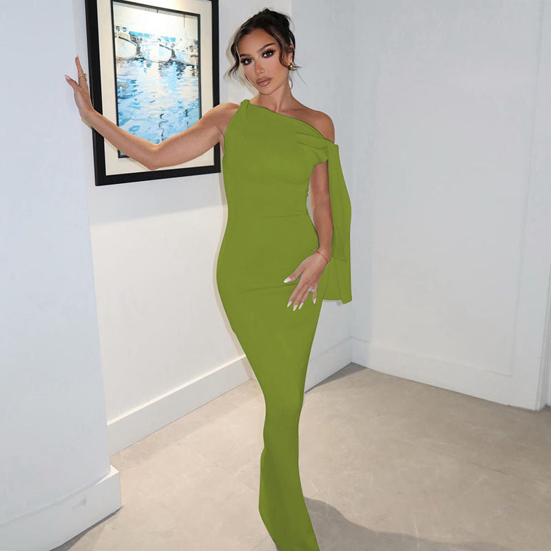 Fashionable Solid Color One-Shoulder Dress with Shoulder Tie