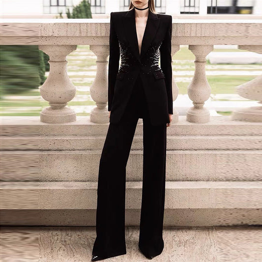 Trendy Elegant Beaded Suit Set With Long Pants