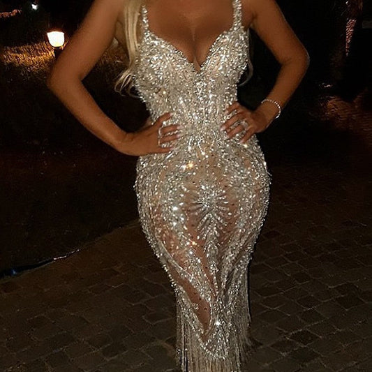 Elegant Sequined V-Neck Midi Dress for Women