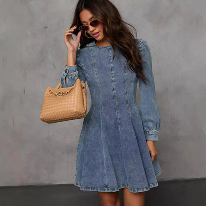 Elegant Denim Long Sleeve Dress with Waist Tie