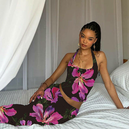 Fashion Floral Print Sexy U-Neck Slim Fit Tank Dress Set