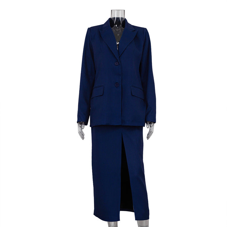 Chic Striped Suit Set Women Long Sleeve Blazer & High Waist Split Skirt
