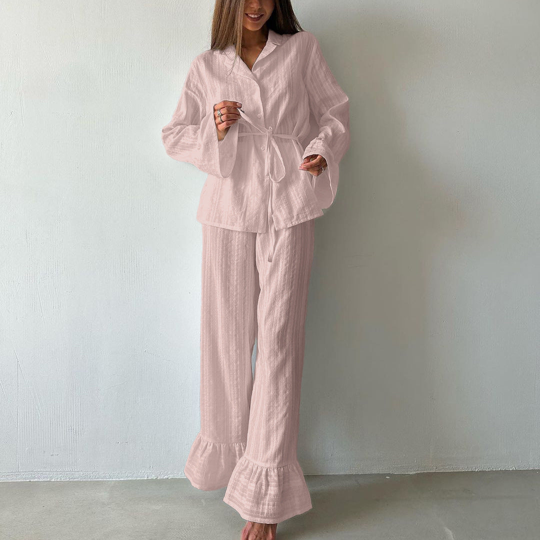 Casual Ruffled Shirt And Pant Set Cotton Long Sleeve