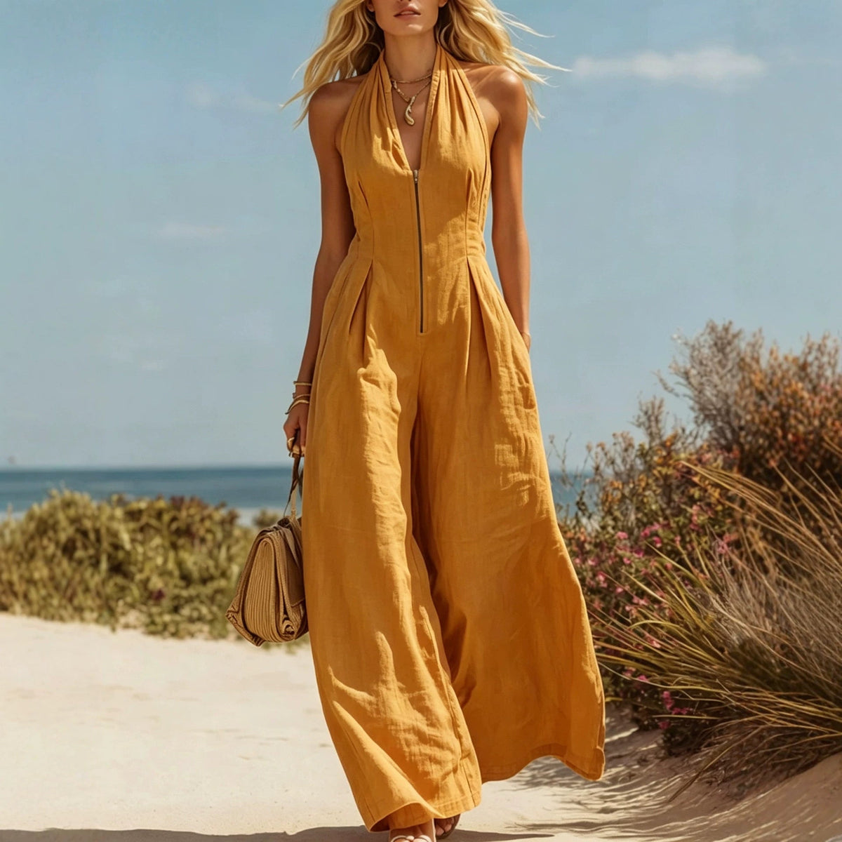 Halter Zip Front Wide Leg Linen Vacation Jumpsuit