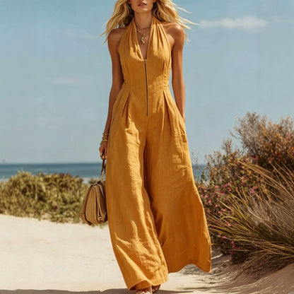 Halter Zip Front Wide Leg Linen Vacation Jumpsuit