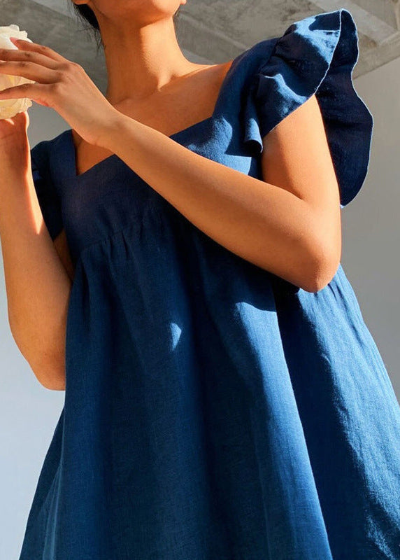 Linen Mini Dress With Flutter Sleeves And Square Neckline