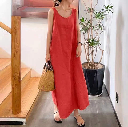 Summer New Cotton And Hemp Simple Style Loose Pocket Round Neck Style Sleeveless Long Sling Dress