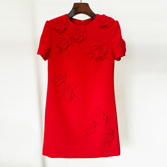 Trendy Floral Short Sleeve Dress Cotton Cocktail Dress