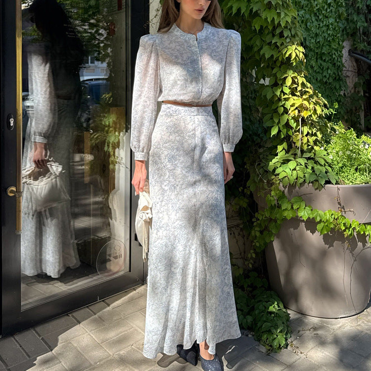Floral Print High-Waisted Maxi Skirt and Long Sleeve Top Set
