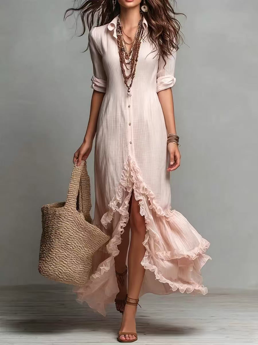 Blush Ruffle Hem Button Down Shirt Maxi Dress