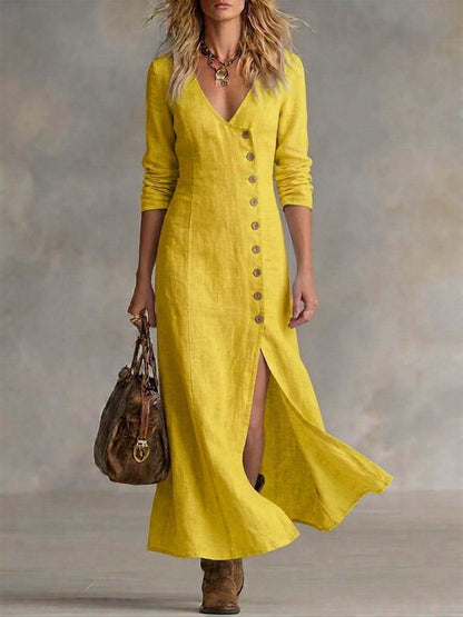 Long Multi-Button Fashion Cotton And Linen Dresses