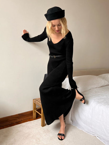 Solid Color Long Sleeve Bodycon Dress V-Neck Elegant Knit Dress