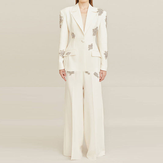 Beaded Blazer and Wide-Leg Pants Set