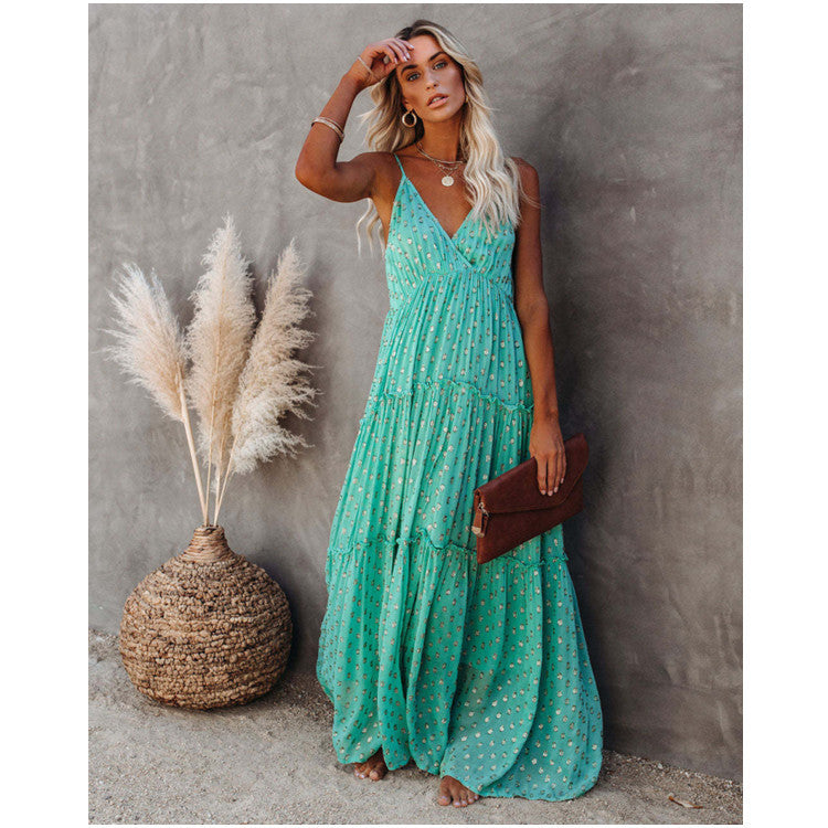 Summer Casual Women'S Leopard Print Fresh Suspender Sleeveless V-Neck Pleated Dress