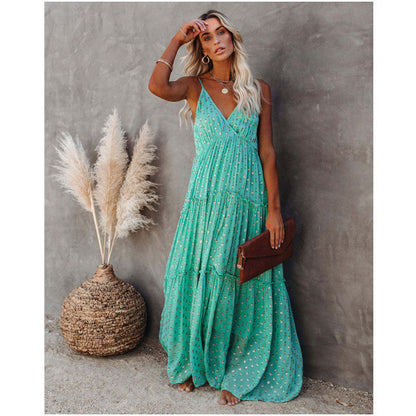Summer Casual Women'S Leopard Print Fresh Suspender Sleeveless V-Neck Pleated Dress