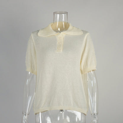 Knitted Polo Short Sleeve Sweater With Puff Sleeves
