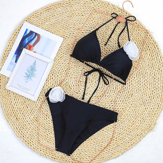 3D Floral Halter Triangle Bikini Swimwear