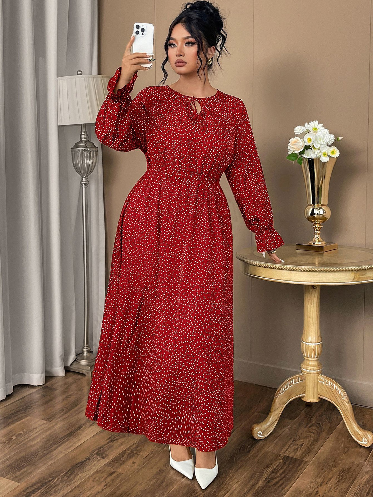 Plus Size Polka Dot Chiffon Dress with Flared Sleeves