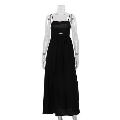 Black Breathable High-Waisted Midi Dress Elegant Casual