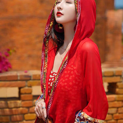 Ethnic Style Sunscreen Cardigan Women'S Thin Desert Hooded Jacket Embroidered Retro Chiffon Beach Blouse Loose Outside