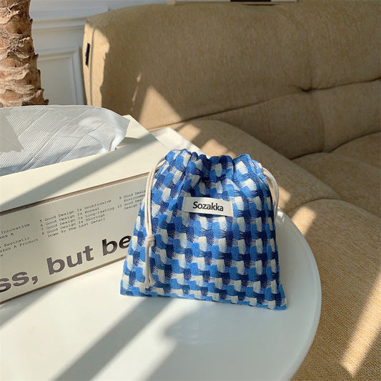 Plaid Drawstring Mini Make Up Bag