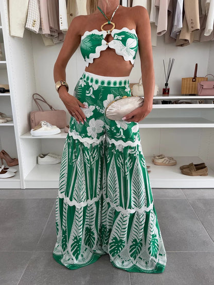 Elegant Floral Lace Beach Pants Set Linen Comfortable Casual