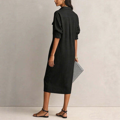 Linen Blend Shirt Midi Dress