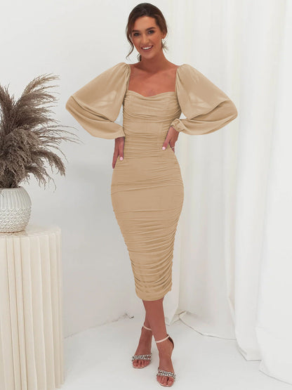 Lace Panel Maxi Dress Elegant Square Neck High Split Cocktail Dress