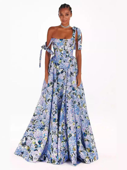 Off-Shoulder 3D Pattern Long Dress with Princess Sleeves