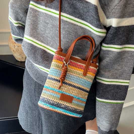 Rainbow Woven Tote Bag Stylish Summer Crossbody Bag