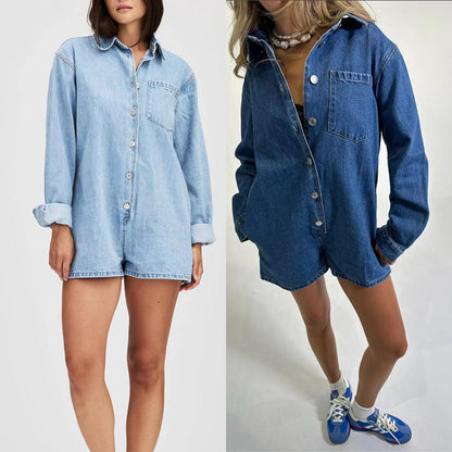 Trendy Denim Overalls with Pocket Casual Short Sleeve