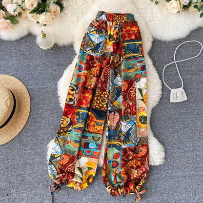 Bohemian Retro Ethnic Print Wide-Leg Pants Women'S High-Waist All-Match Holiday Lantern Pants