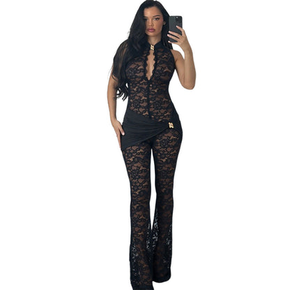 Sleeveless Lace Panel Jumpsuit - High Waist Slim Fit