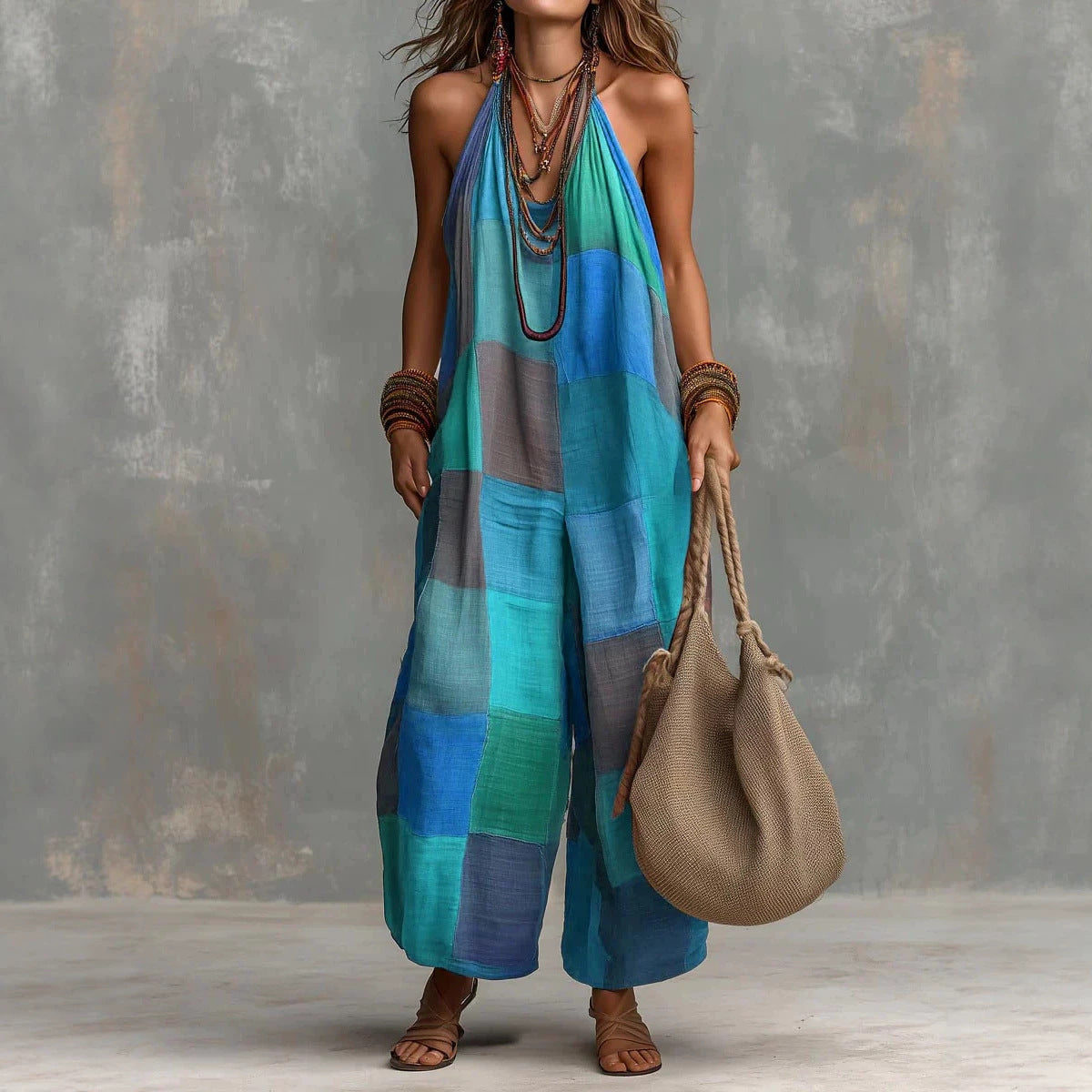 Boho Patchwork Halter Wide-Leg Jumpsuit